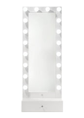 1pc Glam Tall Lighted Mirror with Drawer Box Beveled Mirror Crystal Knob Glossy White Finish Vanity