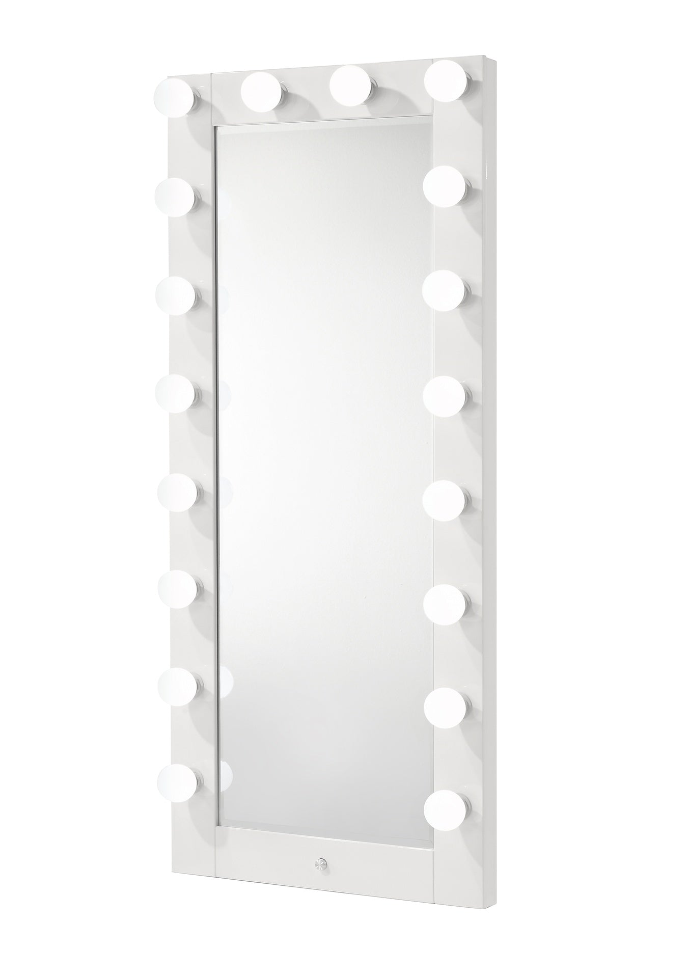 1pc Glam Tall Lighted Mirror with Drawer Box Beveled Mirror Crystal Knob Glossy White Finish Vanity