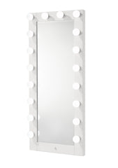 1pc Glam Tall Lighted Mirror with Drawer Box Beveled Mirror Crystal Knob Glossy White Finish Vanity