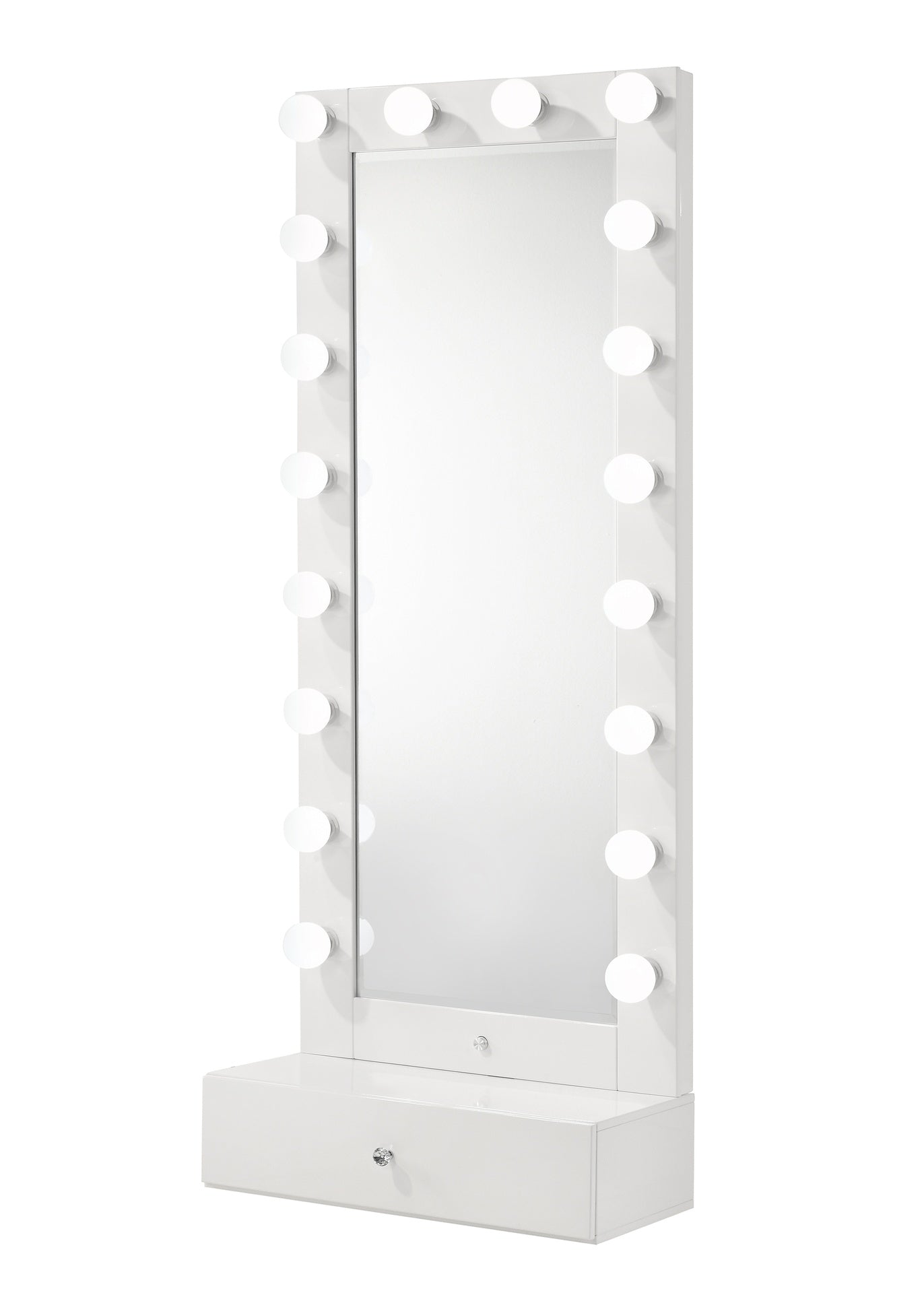 1pc Glam Tall Lighted Mirror with Drawer Box Beveled Mirror Crystal Knob Glossy White Finish Vanity