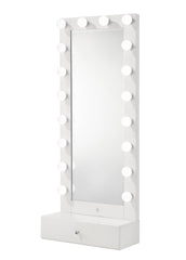 1pc Glam Tall Lighted Mirror with Drawer Box Beveled Mirror Crystal Knob Glossy White Finish Vanity