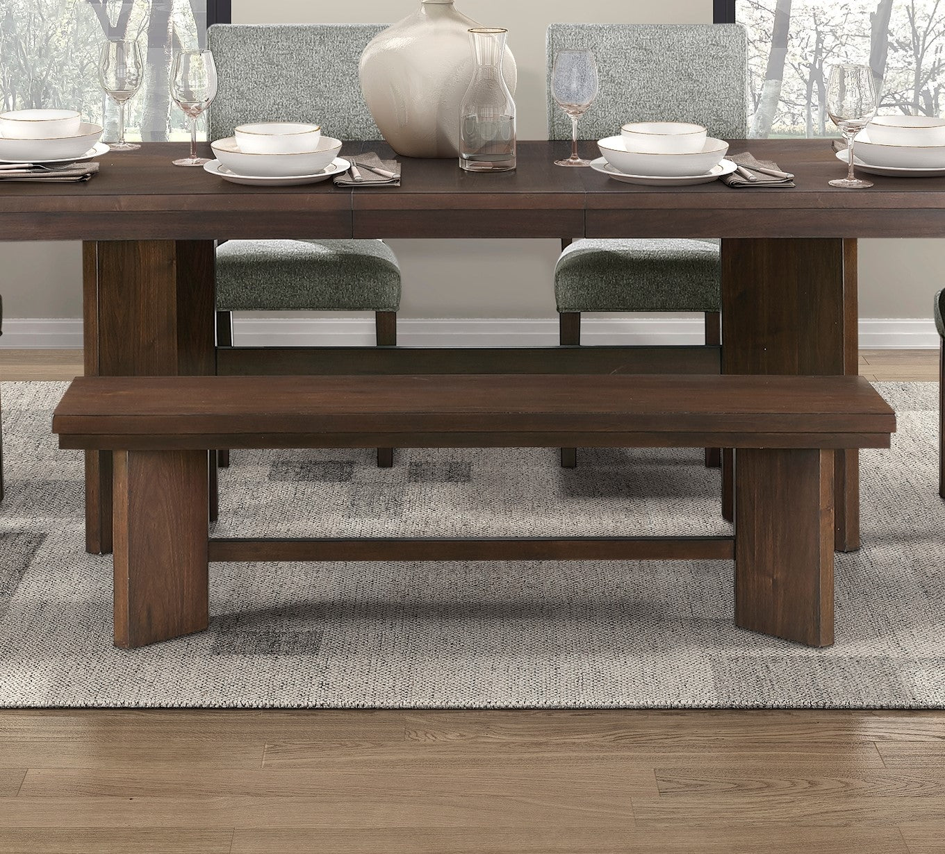 Walnut Finish Modern Dining Set 6pc Table with Self-Storing Extension Leaf Bench 4x Chairs Upholstered Wooden Furniture