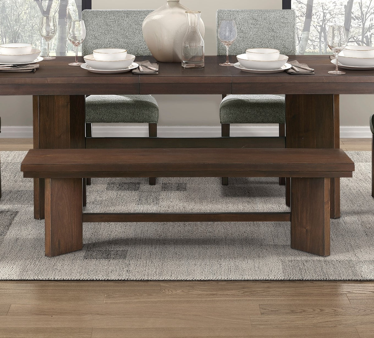 Walnut Finish Modern Dining Set 6pc Table with Self-Storing Extension Leaf Bench 4x Chairs Upholstered Wooden Furniture