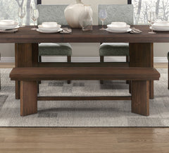 Walnut Finish Modern Dining Set 6pc Table with Self-Storing Extension Leaf Bench 4x Chairs Upholstered Wooden Furniture