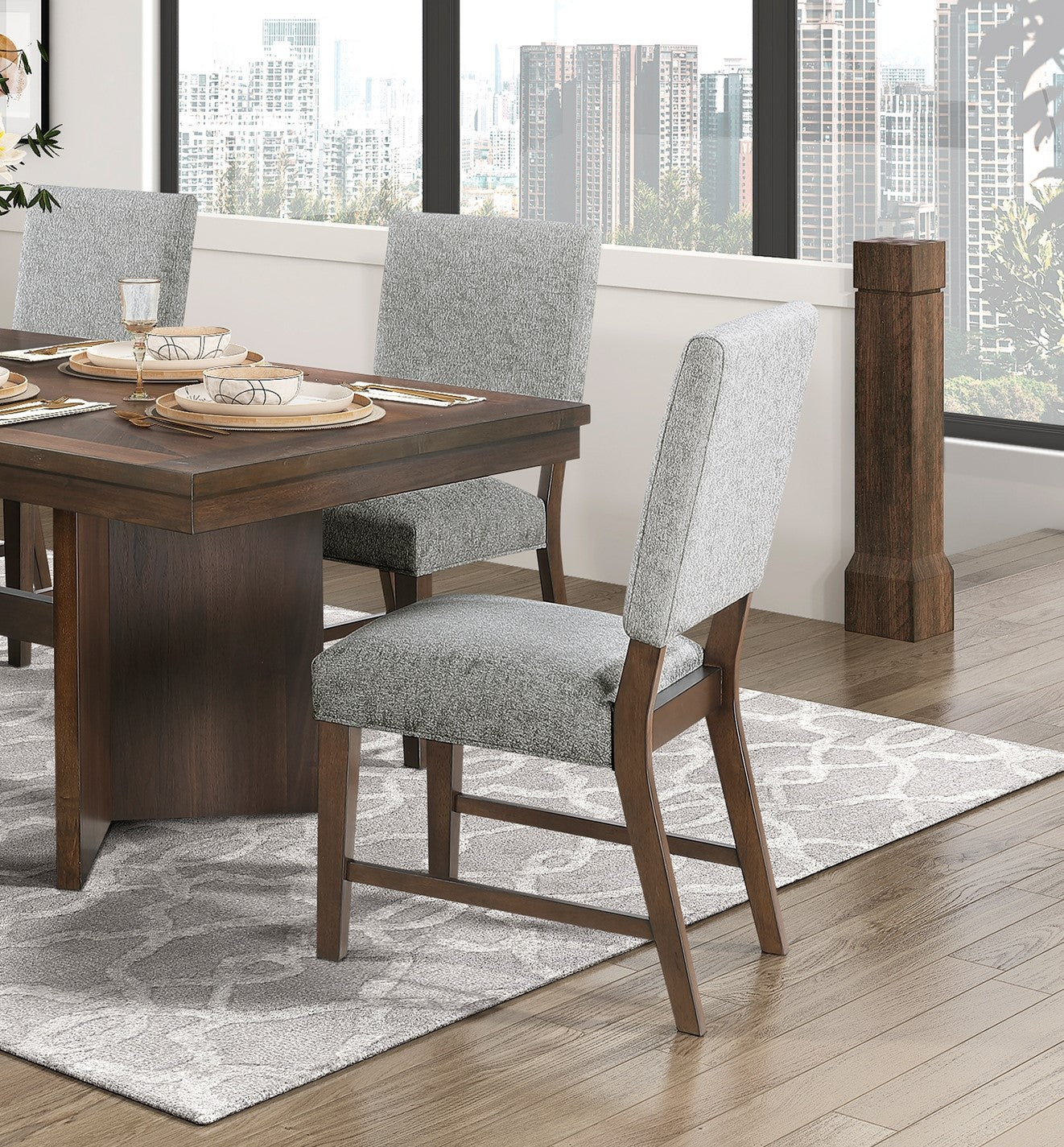 Walnut Finish Modern Dining Set 6pc Table with Self-Storing Extension Leaf Bench 4x Chairs Upholstered Wooden Furniture