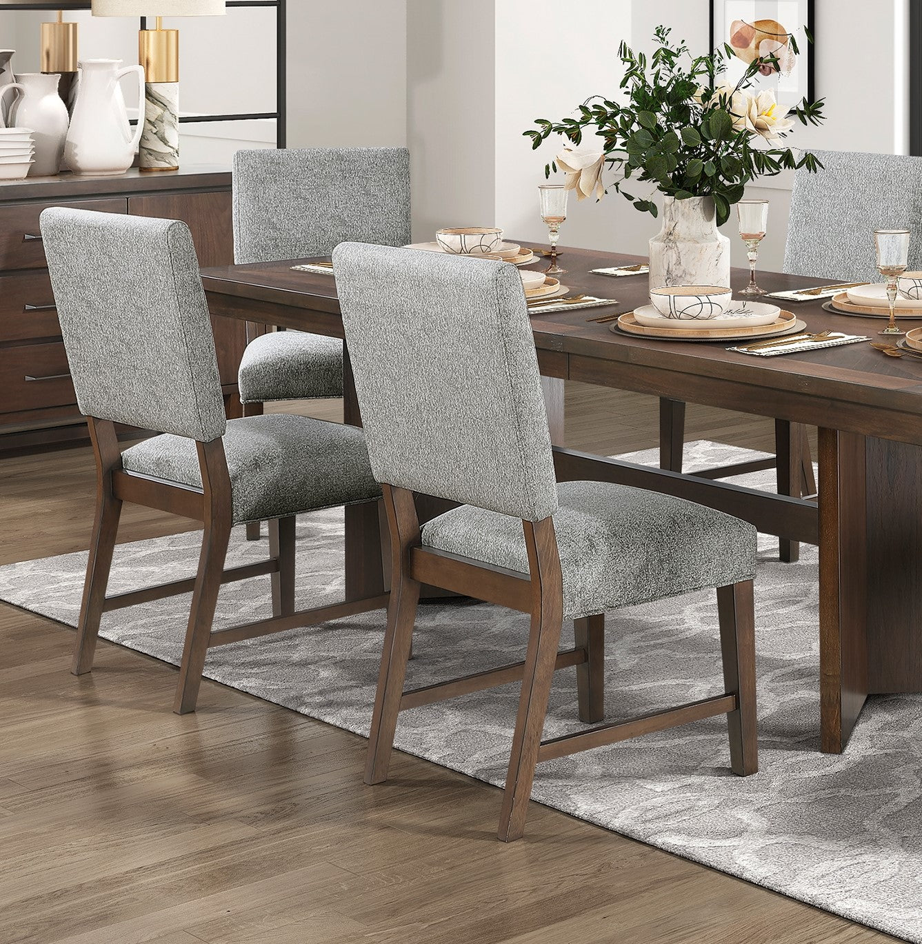 Walnut Finish Modern Dining Set 6pc Table with Self-Storing Extension Leaf Bench 4x Chairs Upholstered Wooden Furniture