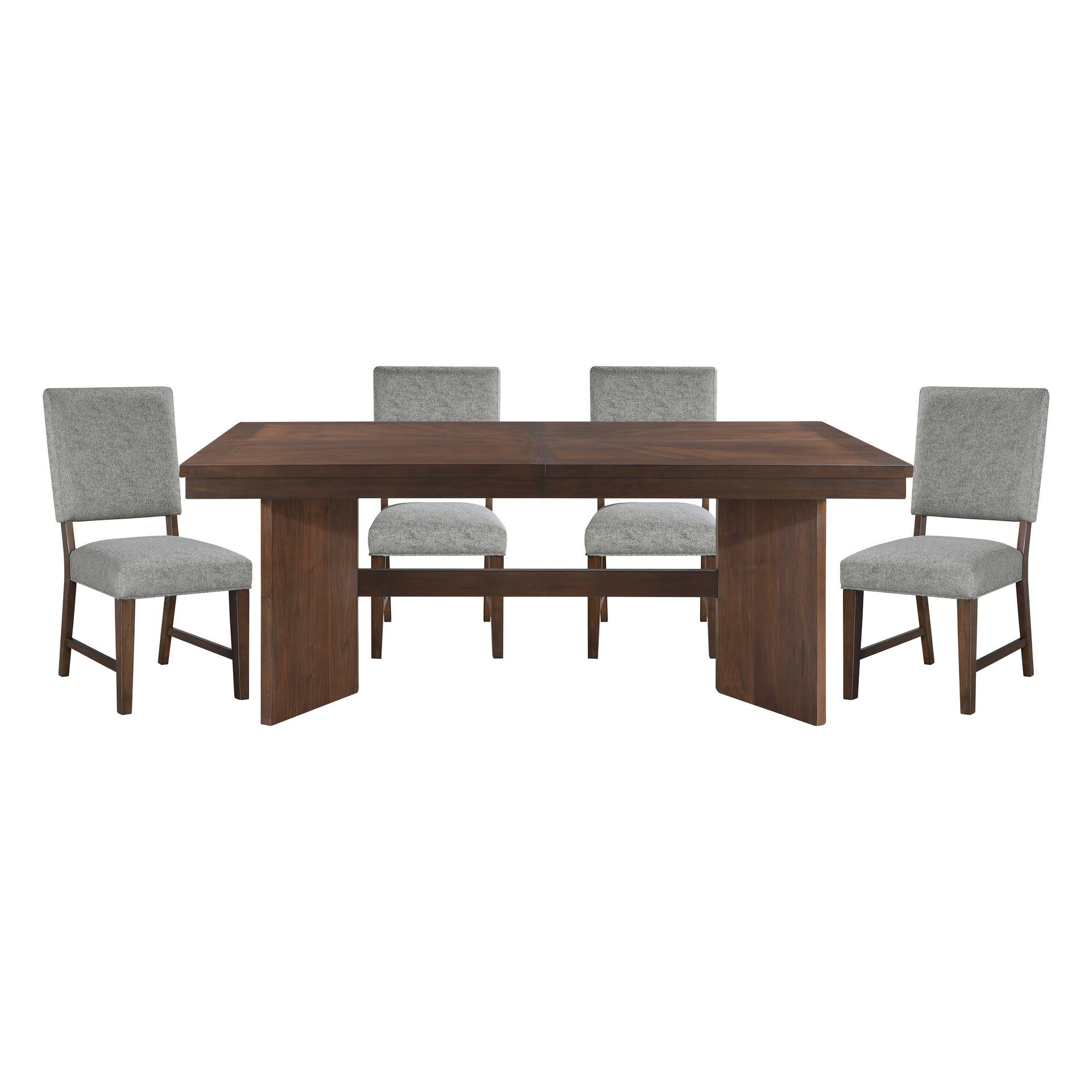 Walnut Finish Modern Dining Set 5pc Table with Self-Storing Extension Leaf and 4 Chairs Upholstered Wooden Furniture