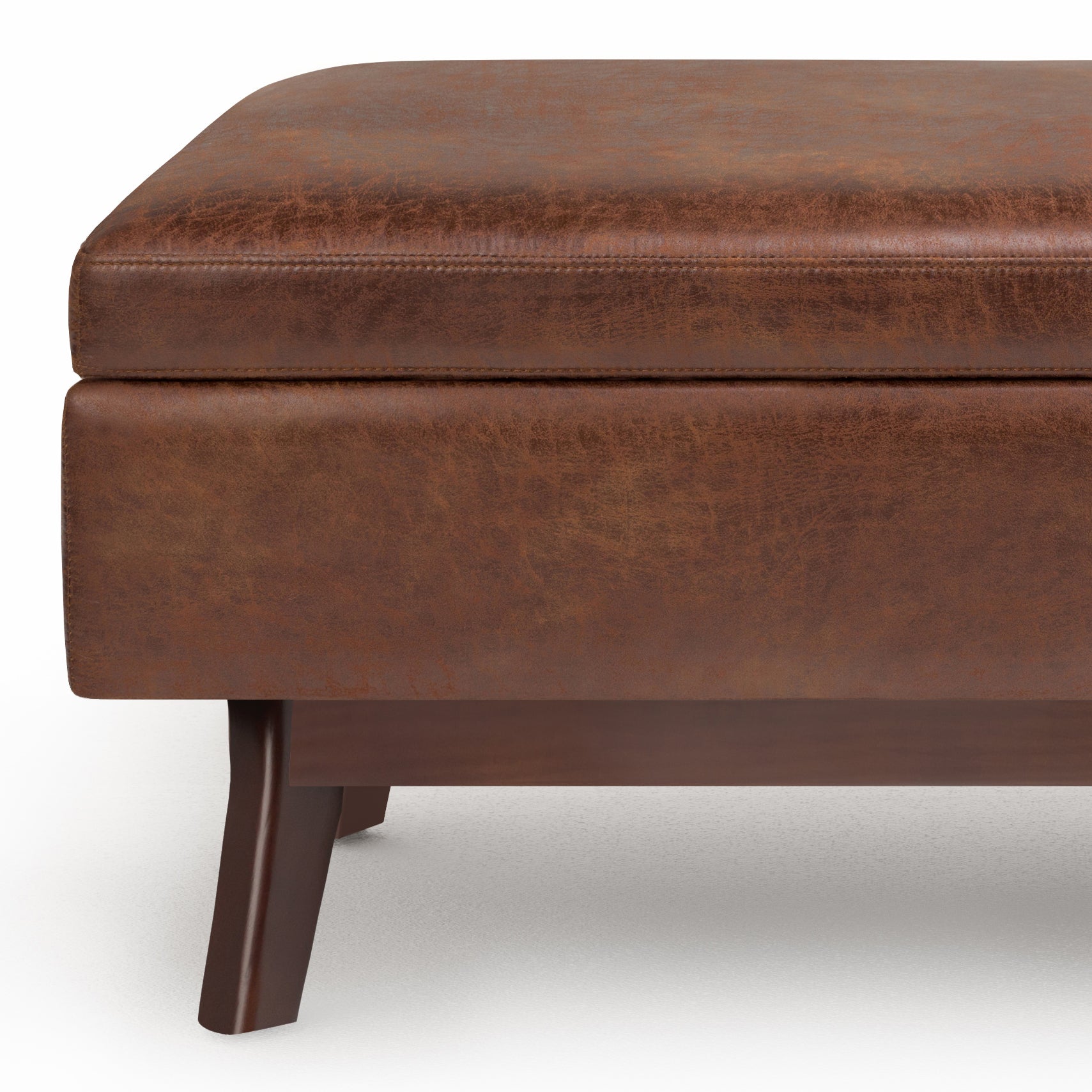 Owen 36 inch Wide Small Rectangular Storage Ottoman in Distressed Saddle Brown Vegan Leather