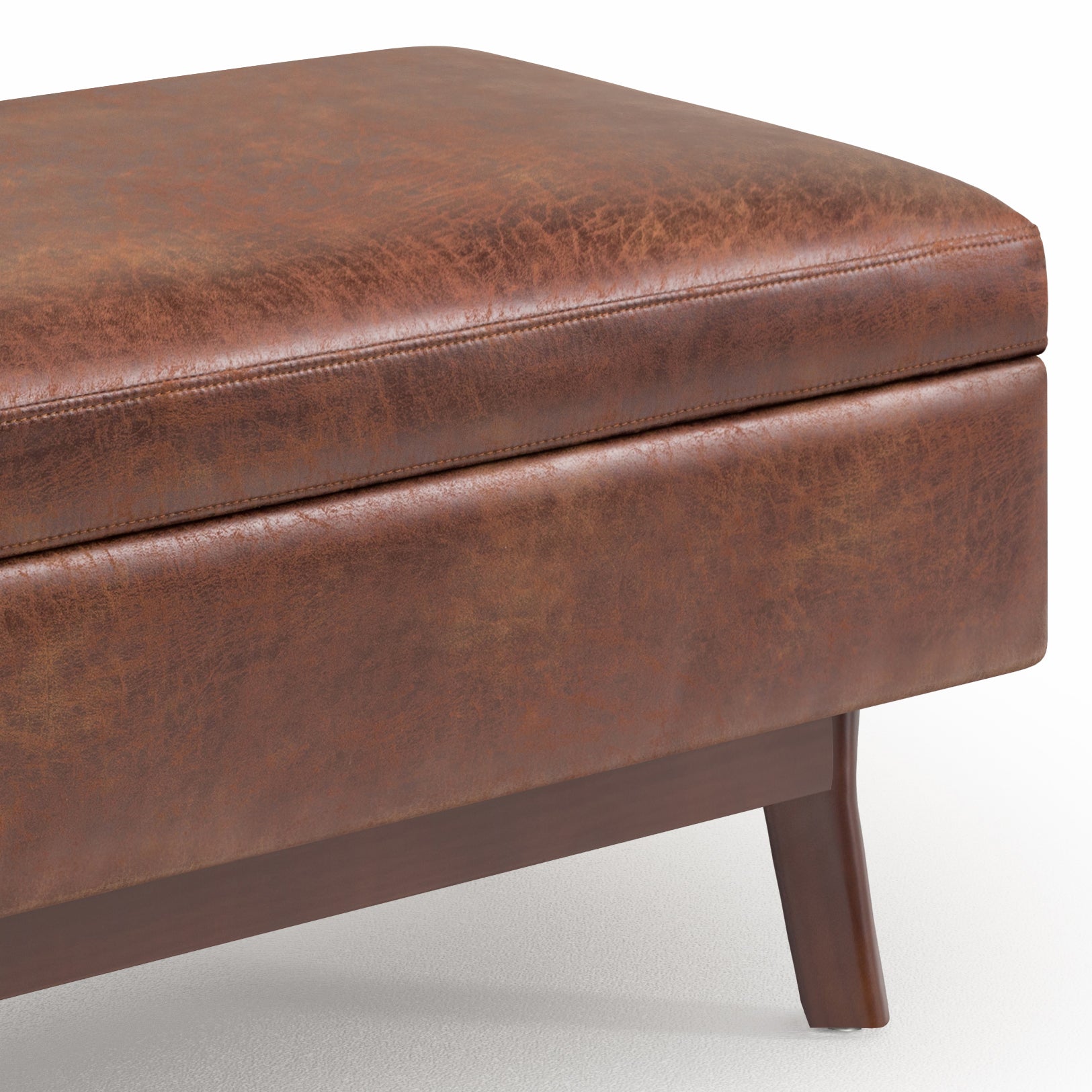 Owen 36 inch Wide Small Rectangular Storage Ottoman in Distressed Saddle Brown Vegan Leather