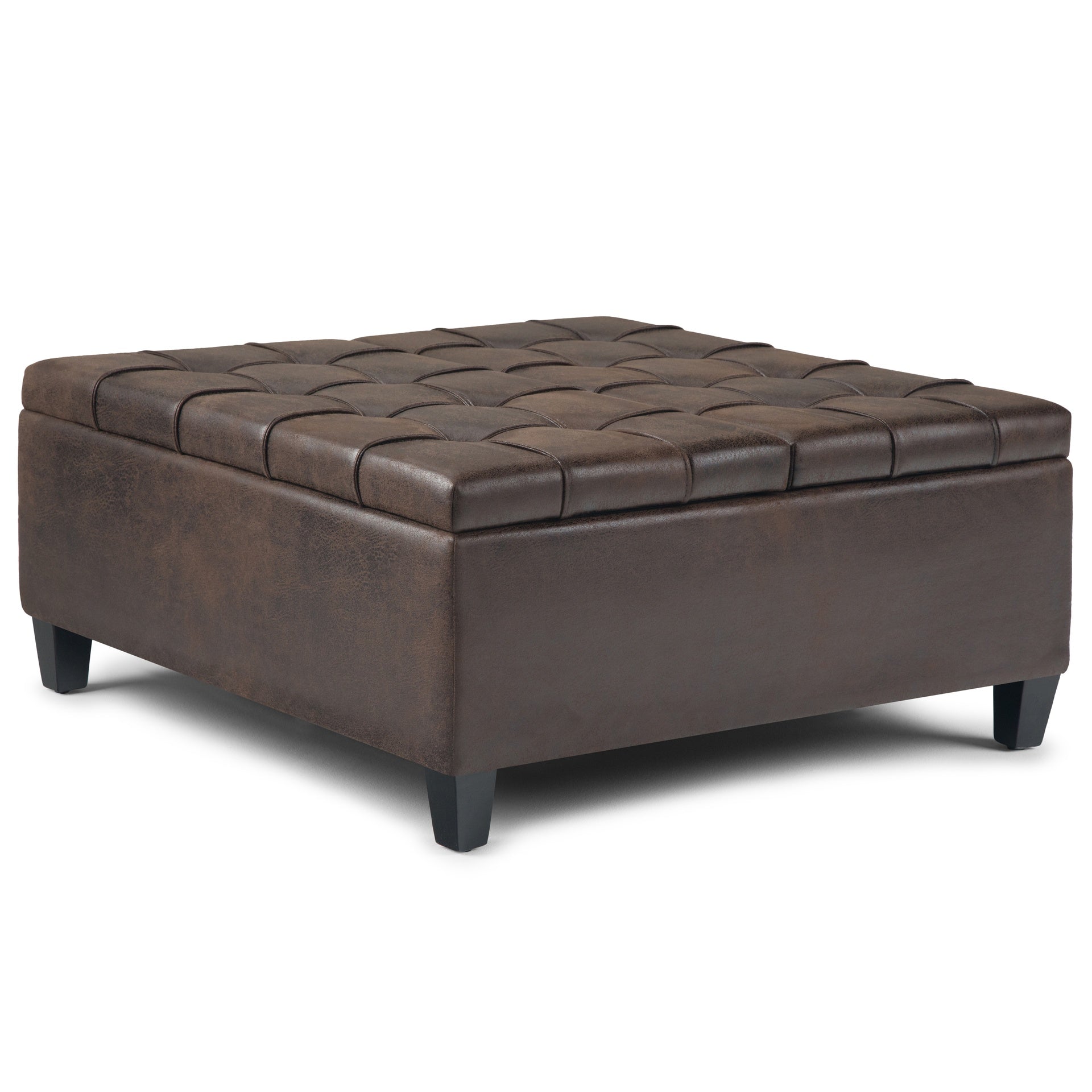 Harrison 36 inch Wide Coffee Table Storage Ottoman in Distressed Brown Vegan Leather