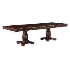 Traditional Style Dining Table with Extension Leaves Cherry Finish with Gold Tipping Double Pedestal Base Wooden Dining Furniture