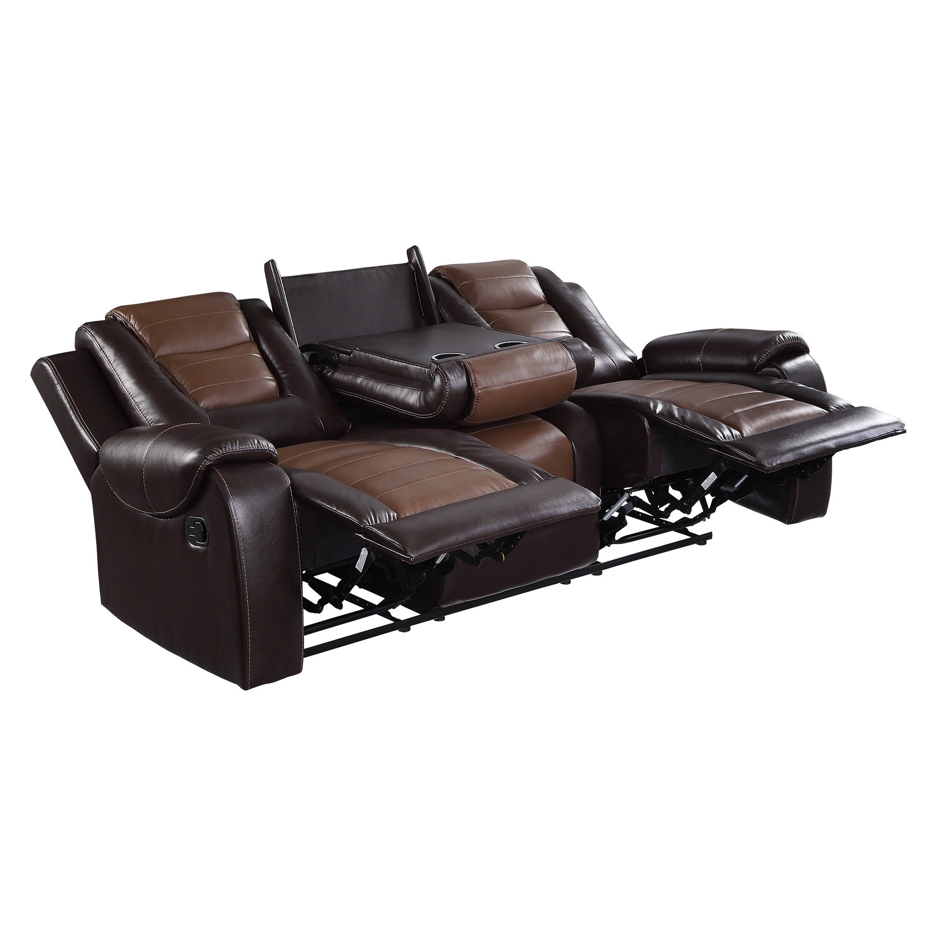 Modern Luxury Sofa Dual Reclining with Center Drop-Down Cup Holders 1pc Formal Living Room Furniture Premium Faux Leather Upholstery Comfortable Two-Tone Brown Finish