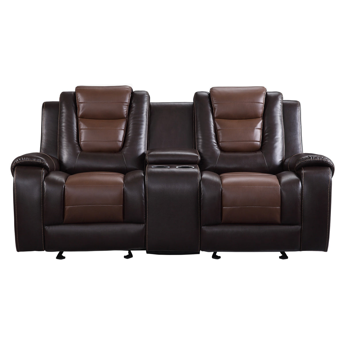 Modern Luxury Loveseat Dual Glider Reclining with Center Console 1pc Formal Living Room Furniture Premium Faux Leather Upholstery Comfortable Two-Tone Brown Finish