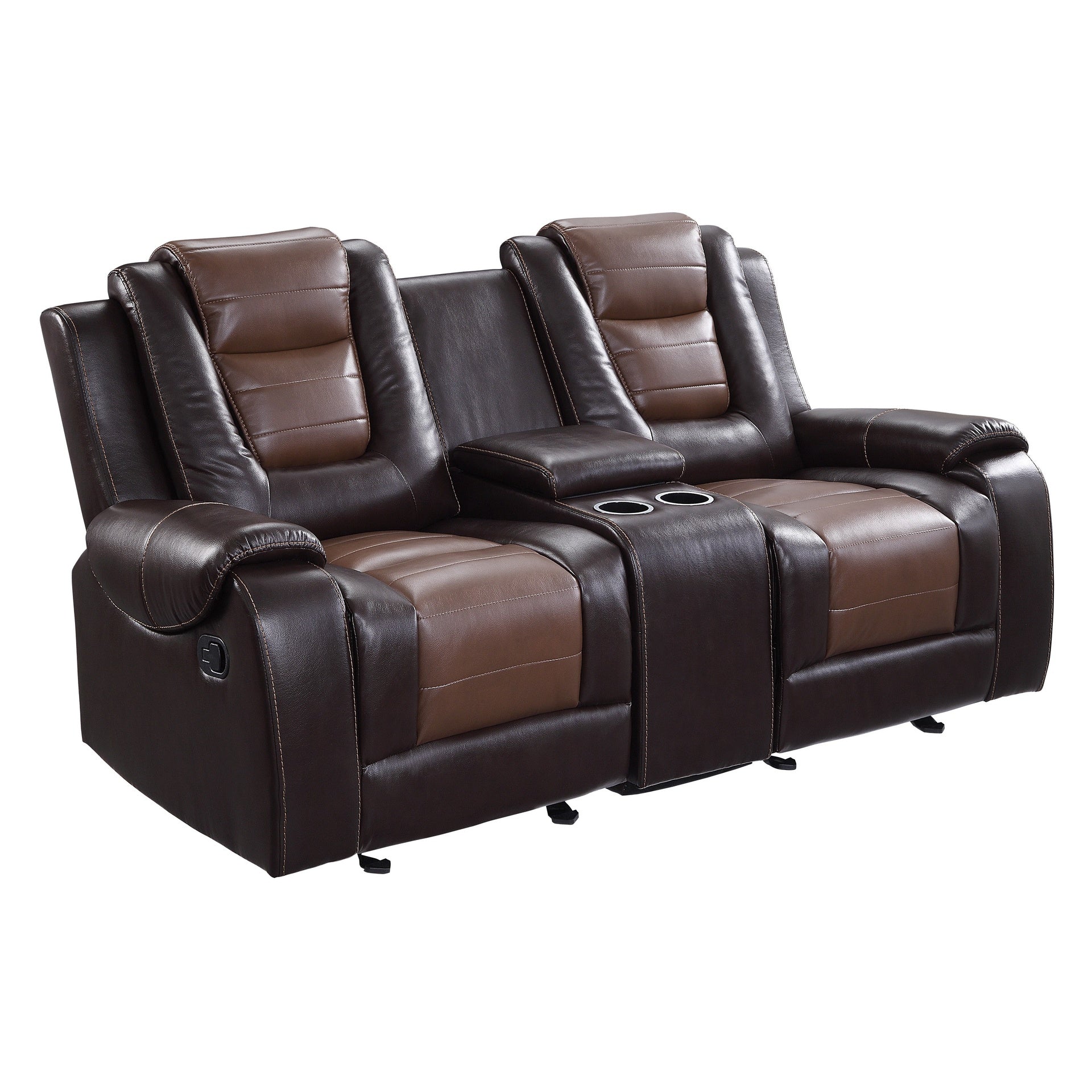 Modern Luxury Loveseat Dual Glider Reclining with Center Console 1pc Formal Living Room Furniture Premium Faux Leather Upholstery Comfortable Two-Tone Brown Finish