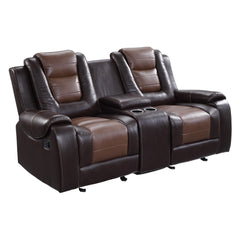 Modern Luxury Loveseat Dual Glider Reclining with Center Console 1pc Formal Living Room Furniture Premium Faux Leather Upholstery Comfortable Two-Tone Brown Finish