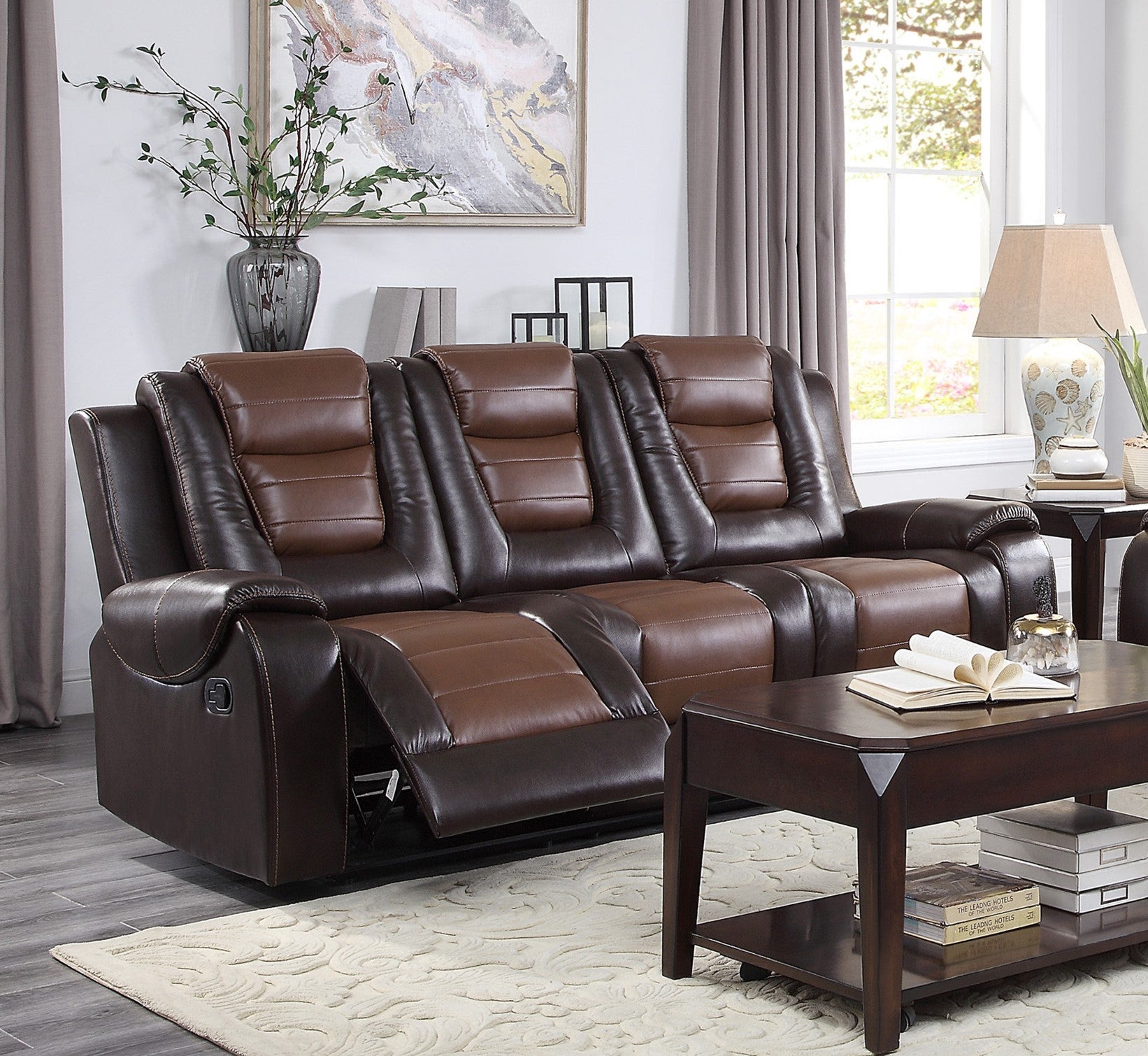 Modern Luxury Living Room Sofa Set 2pc Reclining Sofa Loveseat Formal Furniture Premium Faux Leather Upholstery Comfortable Two-Tone Brown Finish
