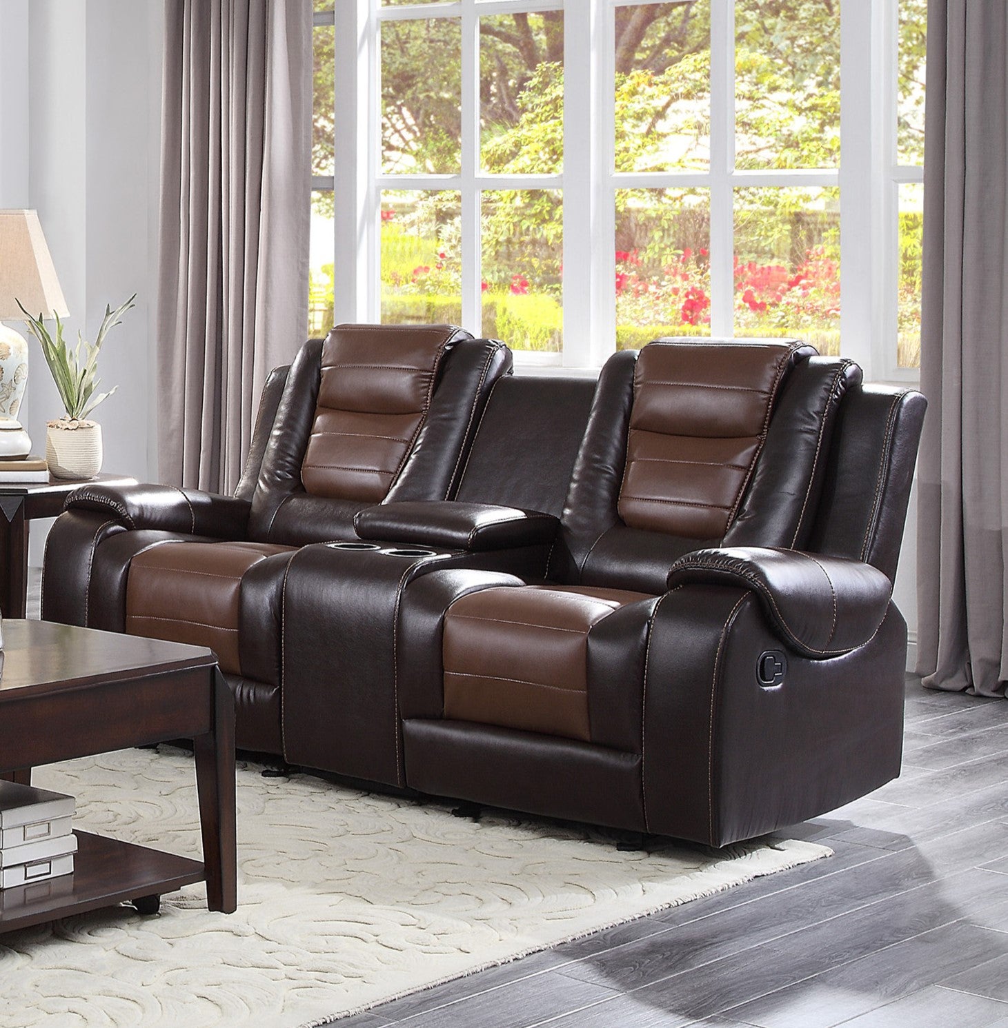 Modern Luxury Living Room Sofa Set 3pc Reclining Sofa Loveseat Glider Reclining Chair Formal Furniture Premium Faux Leather Upholstery Comfortable Two-Tone Brown Finish