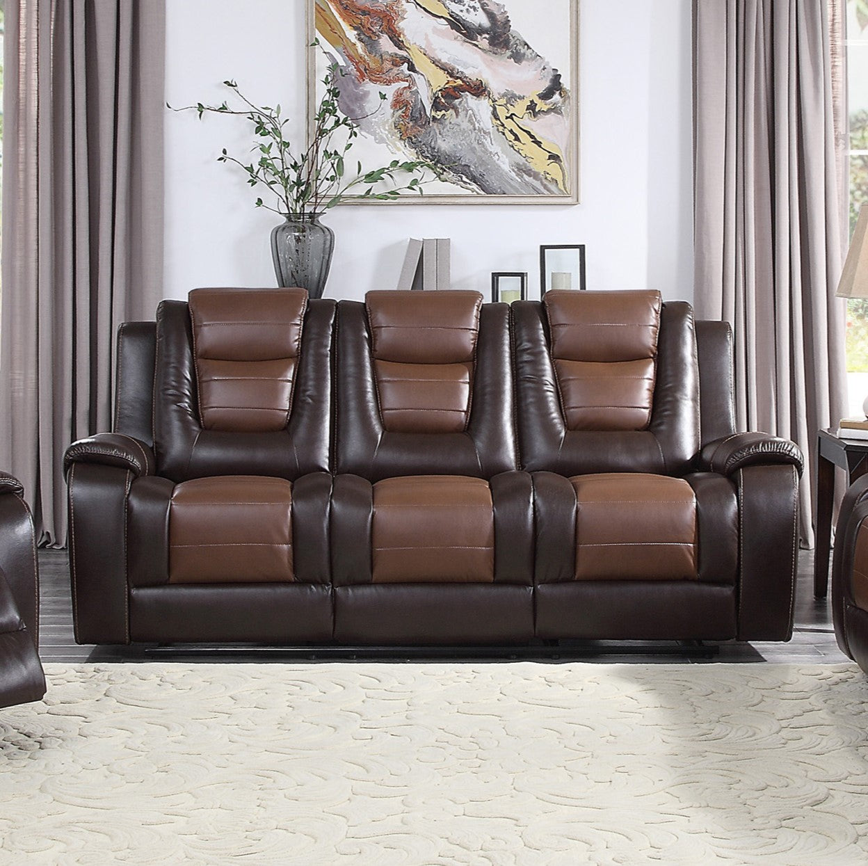 Modern Luxury Living Room Sofa Set 3pc Reclining Sofa Loveseat Glider Reclining Chair Formal Furniture Premium Faux Leather Upholstery Comfortable Two-Tone Brown Finish