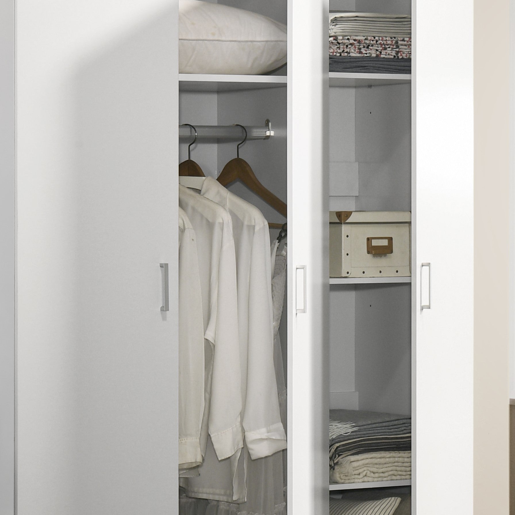 Declan 46" White 3-Door Wardrobe Cabinet Armoire with Storage Shelves and Hanging Rod