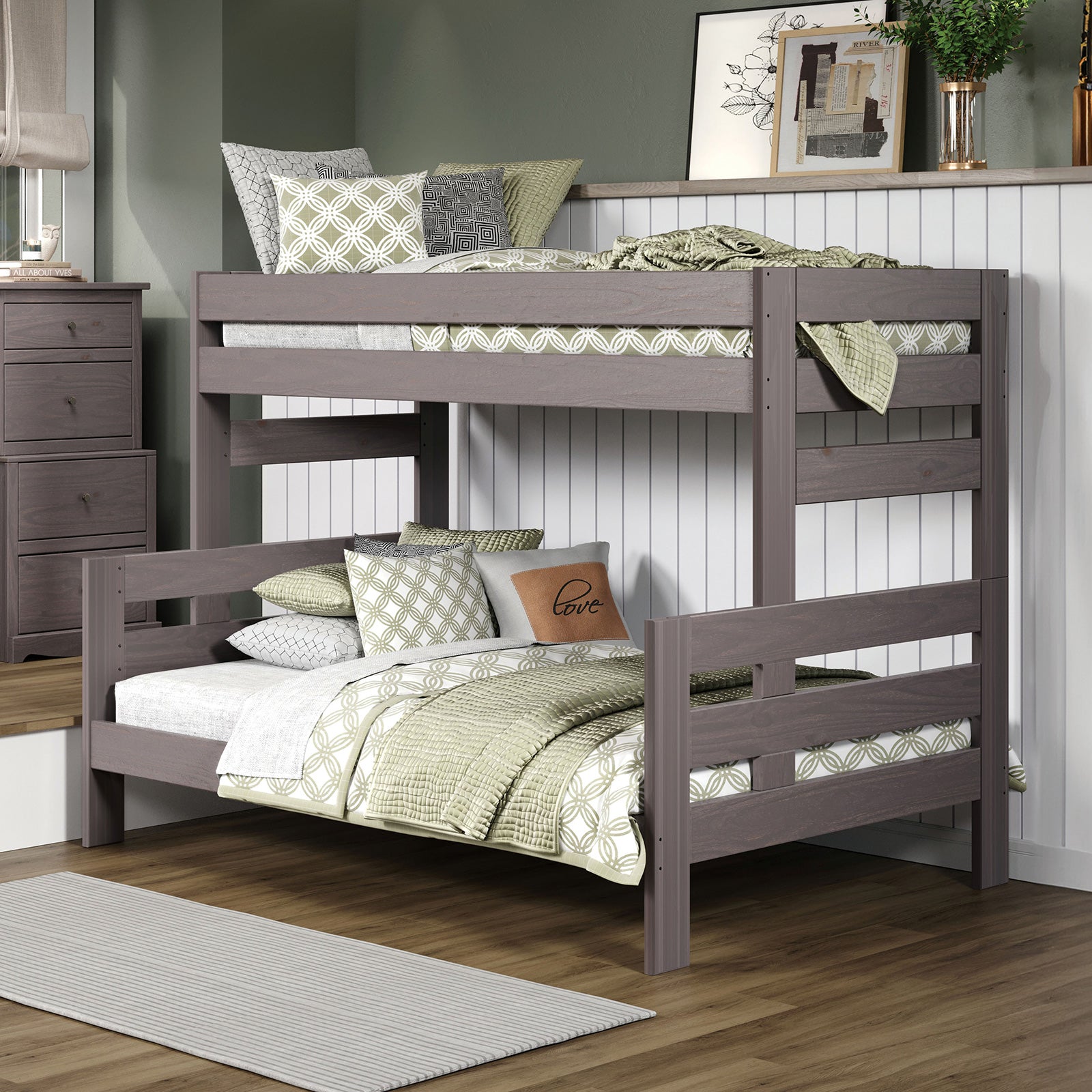 Gray Finish Rustic Bunk Bed Plank Wood Design Ladder And Brazilian Pine