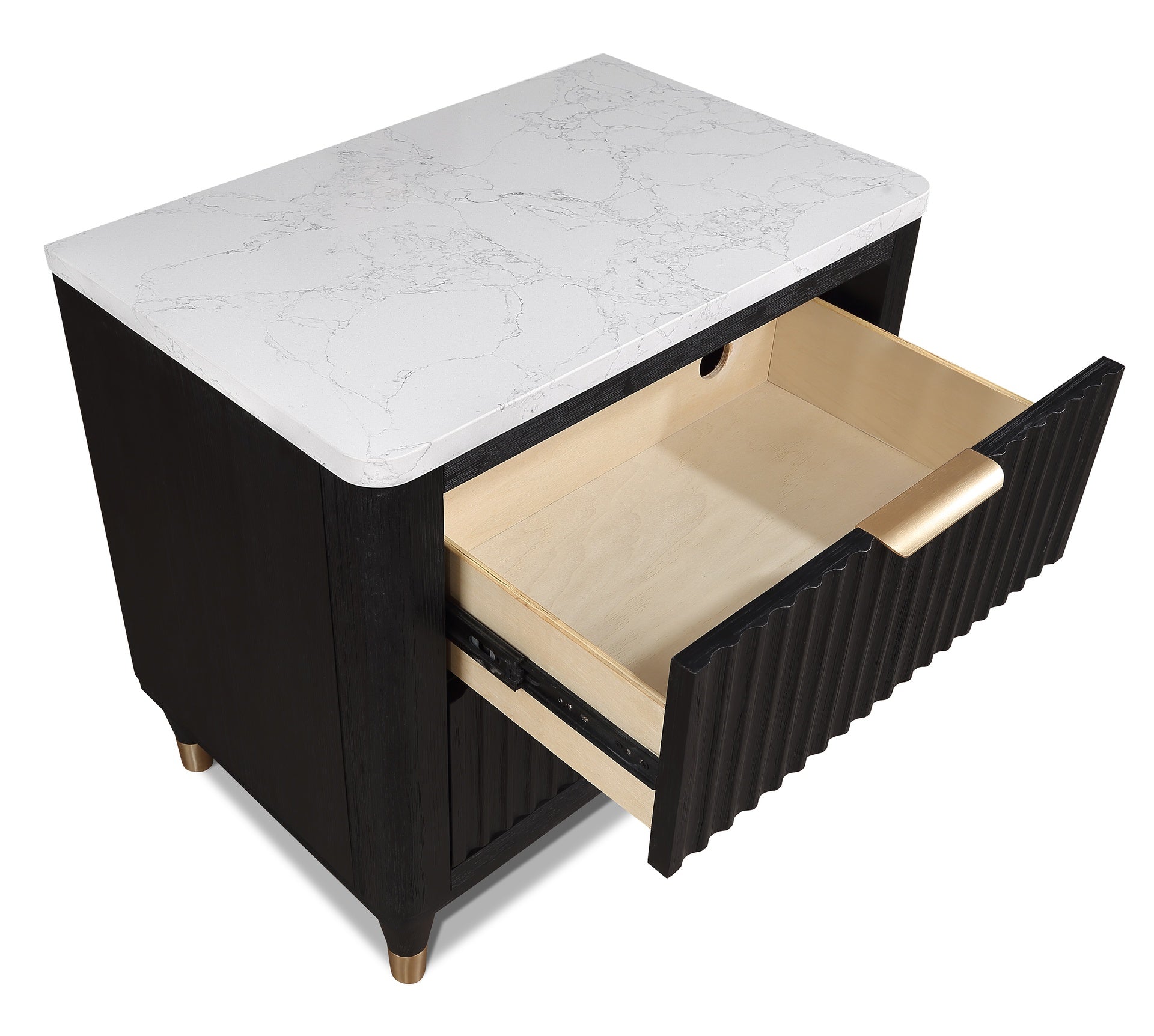 1pc Contemporary 2-Drawer Black Nightstand White Top Metal Knobs Modern Design Wooden Bedroom Furniture