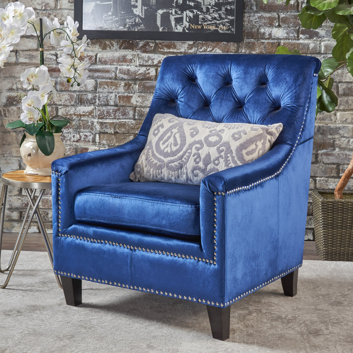 Velvet Tufted Club Chair, Navy Blue