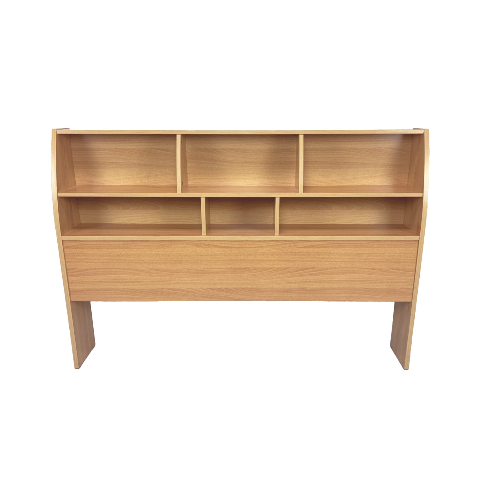 Bookcase headboard Full size free standing with dust panel two shelves with five divided cubbies Beech color
