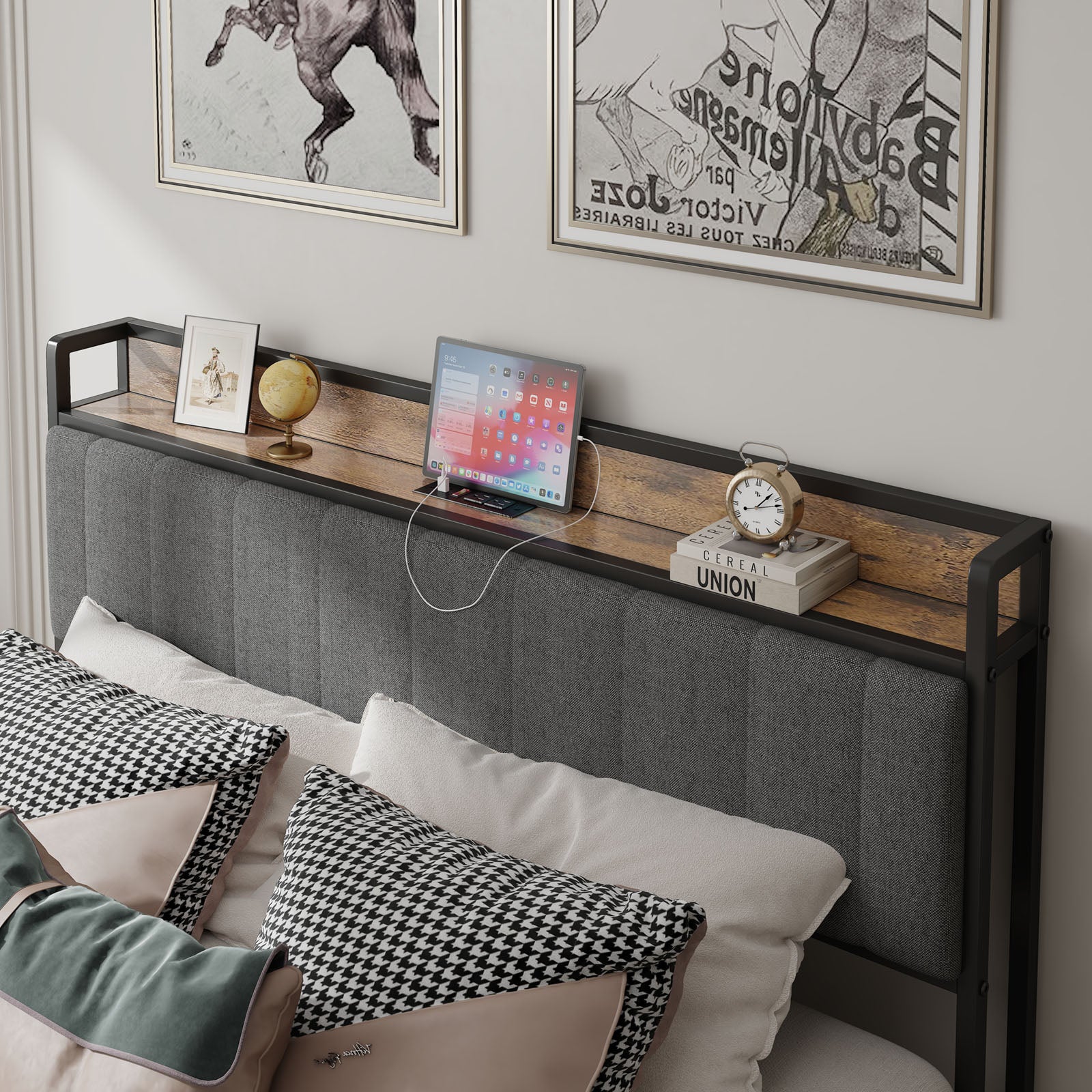 Full Size Bed Frame with Charging Station, Upholstered Headboard, Metal Platform, Grey