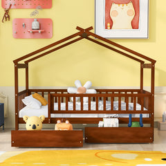 Twin Size Wooden House Bed with Two Drawers, Walnut