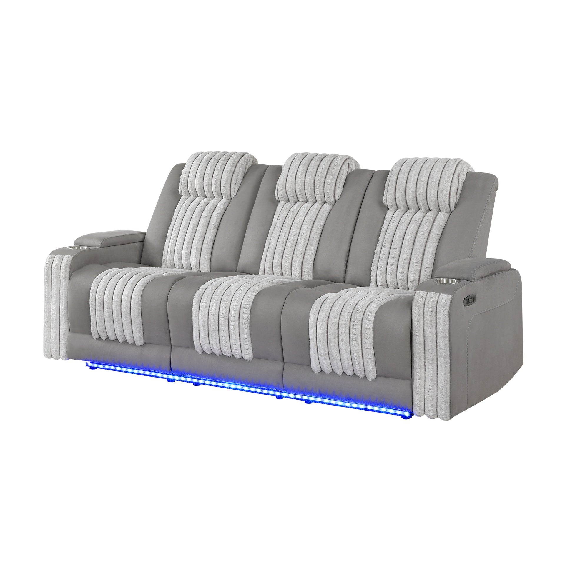 Duran Grey Power Reclining Sofa with Power Headrest, LED and Drop Down Table with reading Light