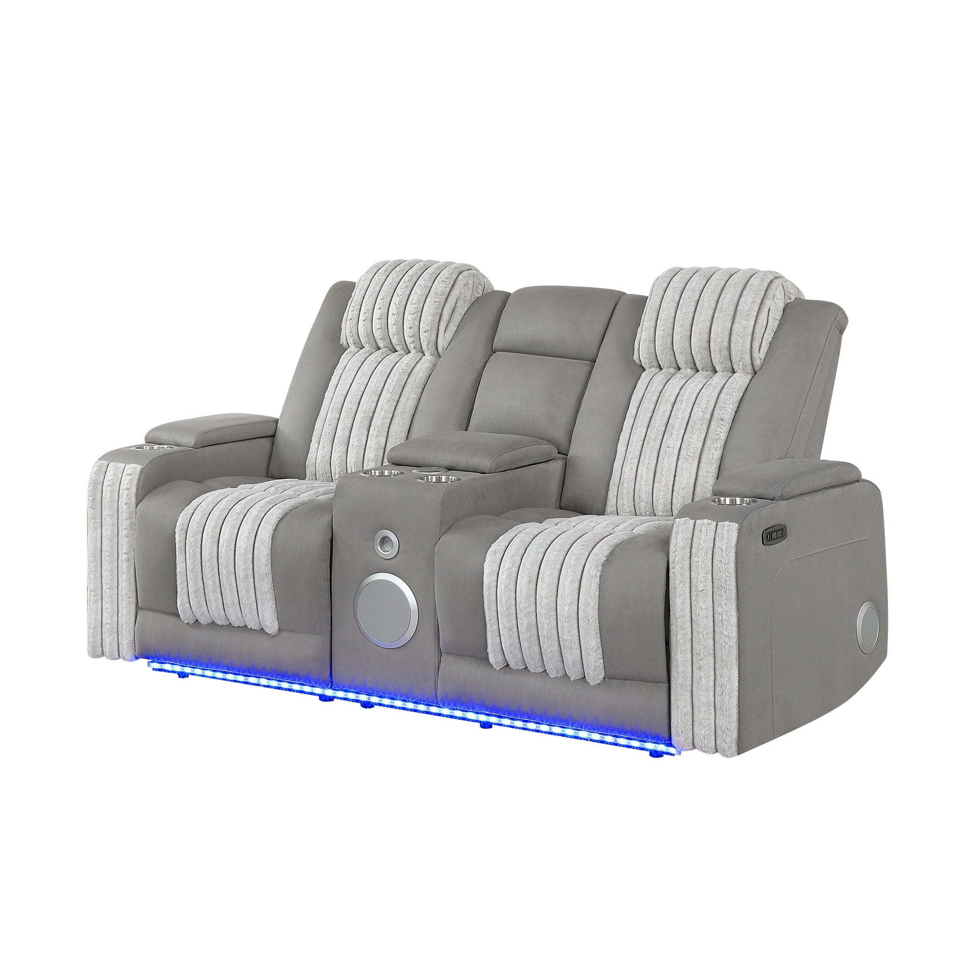Duran Grey Power Reclining loveseat with Power Headrest, LED and Bluetooth Speaker