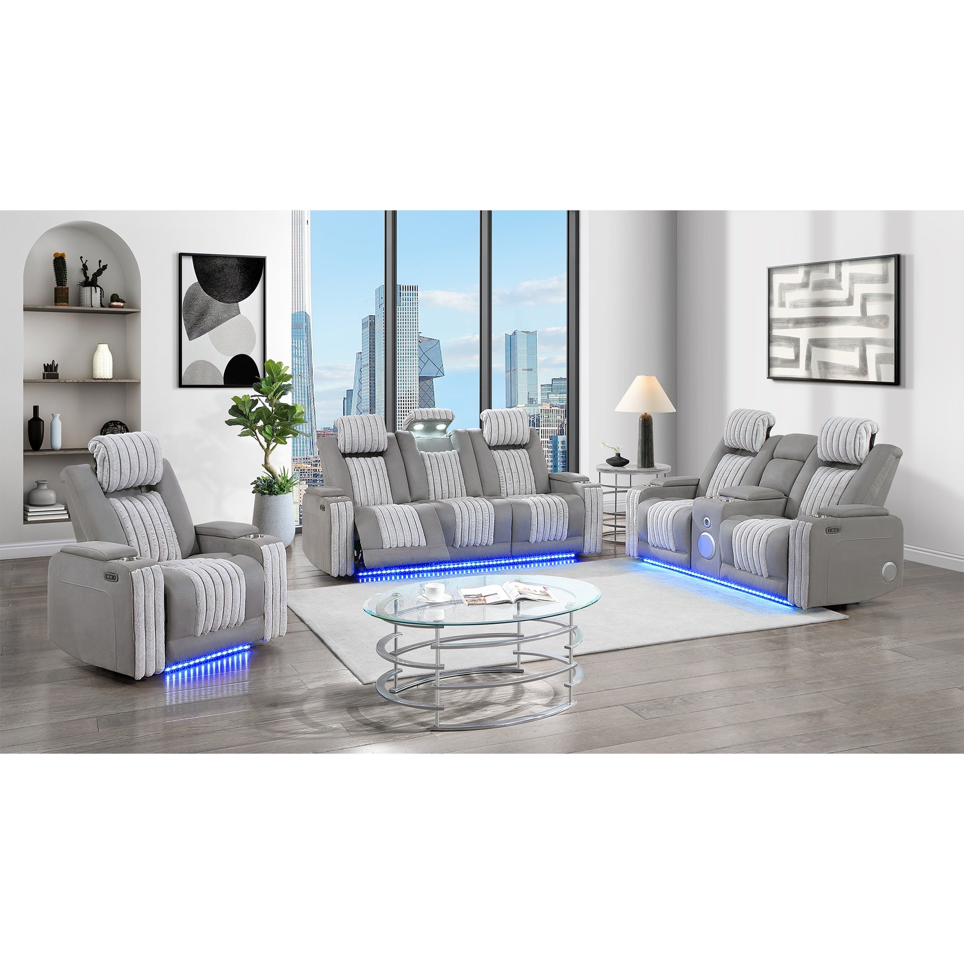 Duran Grey 3PC Power Reclining Sofa-Loveseat and Recliner with Power Headrest, LED and more