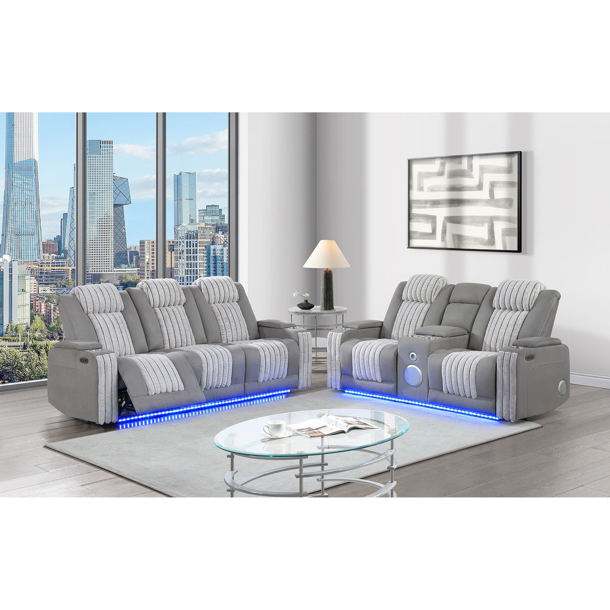 Duran Grey 2PC Power Reclining Sofa and Loveseat with Power Headrest, LED and more