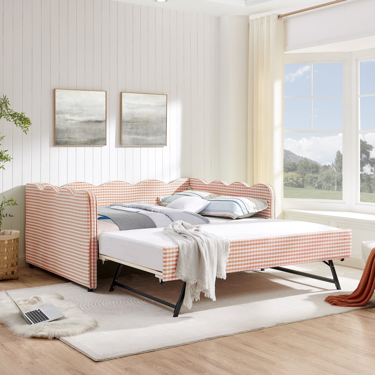 Full Size Cozy Gingham Daybed with Twin Size Trundle  No Box Spring Needed, with USB Port and Adorable Wave Shaped, Linen Fabric