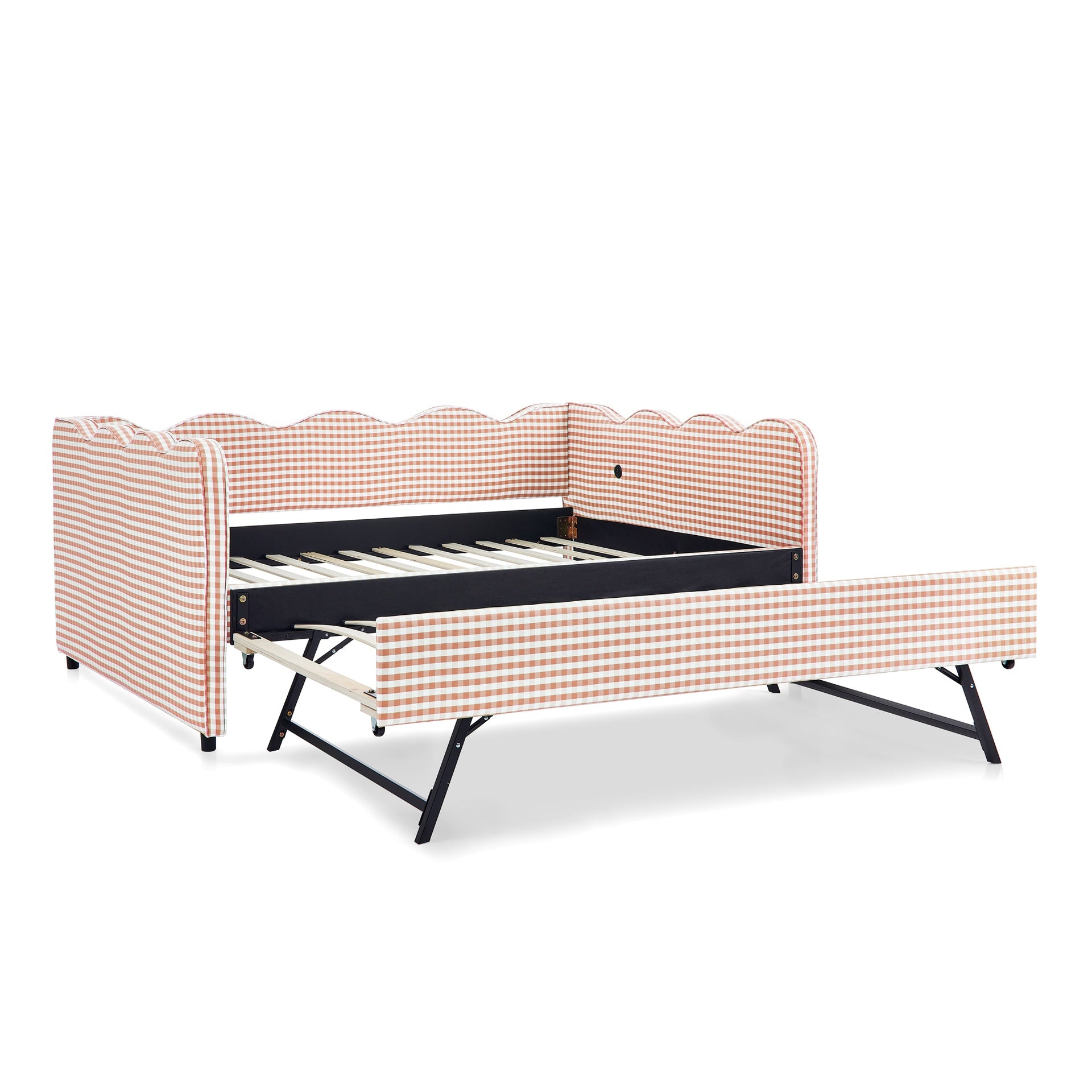 Full Size Cozy Gingham Daybed with Twin Size Trundle  No Box Spring Needed, with USB Port and Adorable Wave Shaped, Linen Fabric
