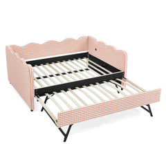 Full Size Cozy Gingham Daybed with Twin Size Trundle  No Box Spring Needed, with USB Port and Adorable Wave Shaped, Linen Fabric