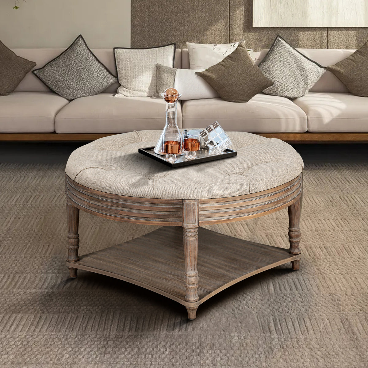 Large Round Waterproof Ottoman Coffee Table 2 Tier Oversized Button Tufted Ottoman with Wooden Shelf Storage Farmhouse Upholstered Coffee Table Living Room Footstool Ottoman Linen
