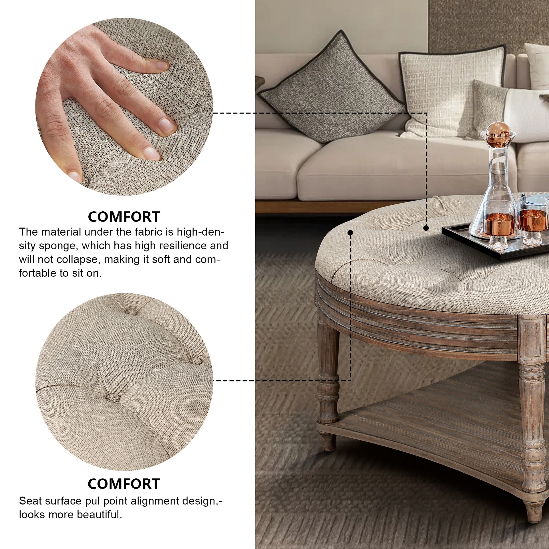 Large Round Waterproof Ottoman Coffee Table 2 Tier Oversized Button Tufted Ottoman with Wooden Shelf Storage Farmhouse Upholstered Coffee Table Living Room Footstool Ottoman Linen