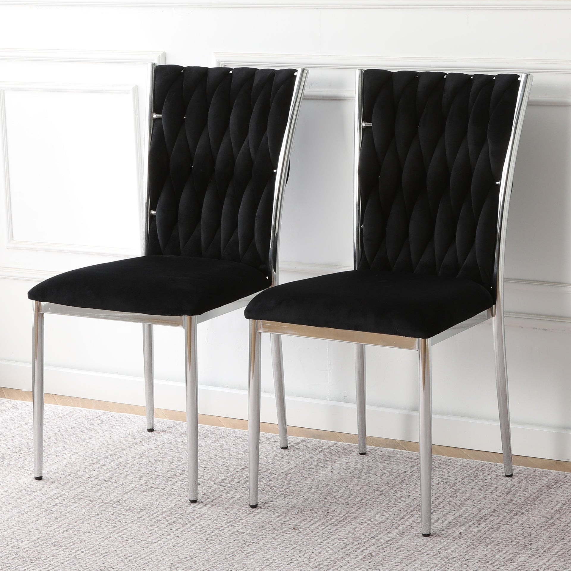 Modern simple black velvet dining chair, family bedroom stool back student table chair, Electroplated metal chair legs, suitable for dining room kitchen bedroom (set of 2)
