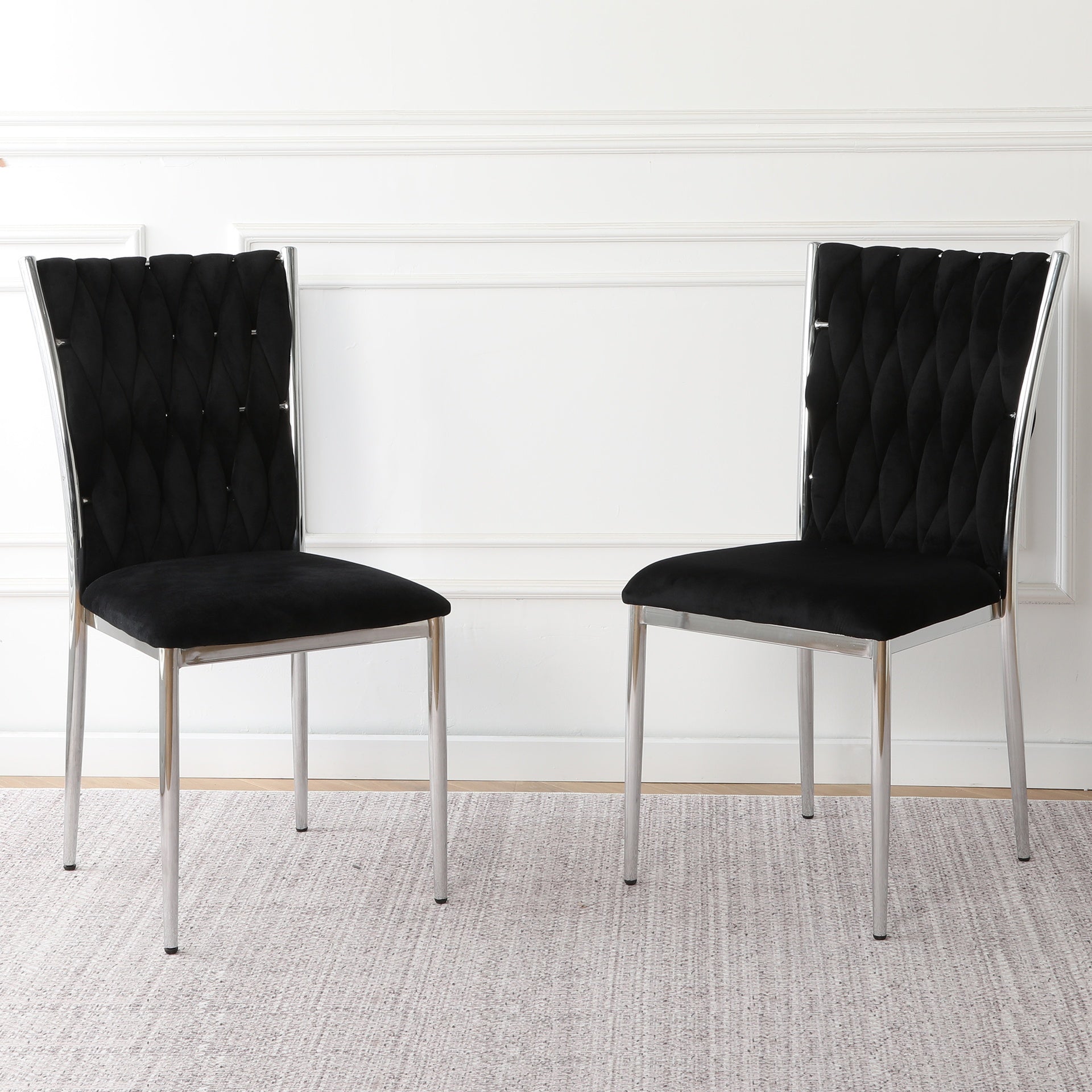Modern simple black velvet dining chair, family bedroom stool back student table chair, Electroplated metal chair legs, suitable for dining room kitchen bedroom (set of 2)