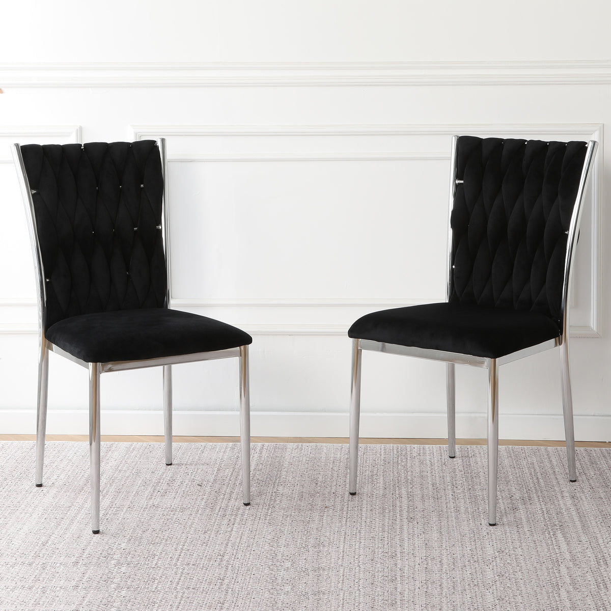 Modern simple black velvet dining chair, family bedroom stool back student table chair, Electroplated metal chair legs, suitable for dining room kitchen bedroom (set of 2)