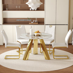 Table and chair set.A 42-inch White Imitation Marble Textured Round table.Paired with 4 Uniquely designed White Dining Chairs With Golden Metal Leg.Sintered Stone Tabletop.Golden Stainless Steel Leg.