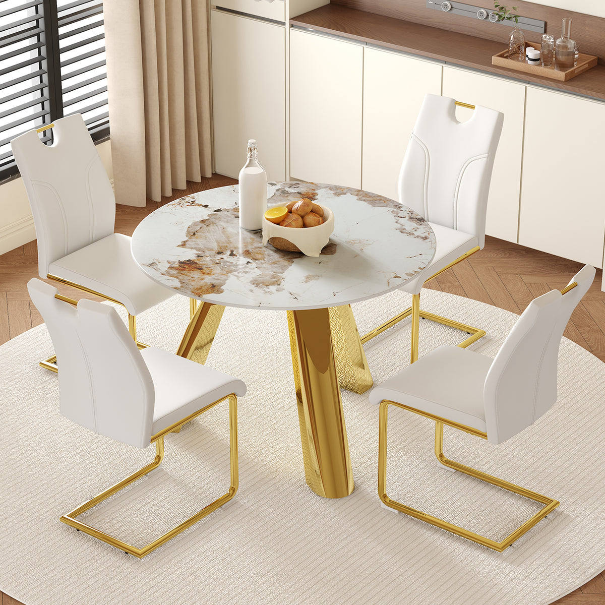 Table and chair set.A 42-inch White Imitation Marble Textured Round table.Paired with 4 Uniquely designed White Dining Chairs With Golden Metal Leg.Sintered Stone Tabletop.Golden Stainless Steel Leg.