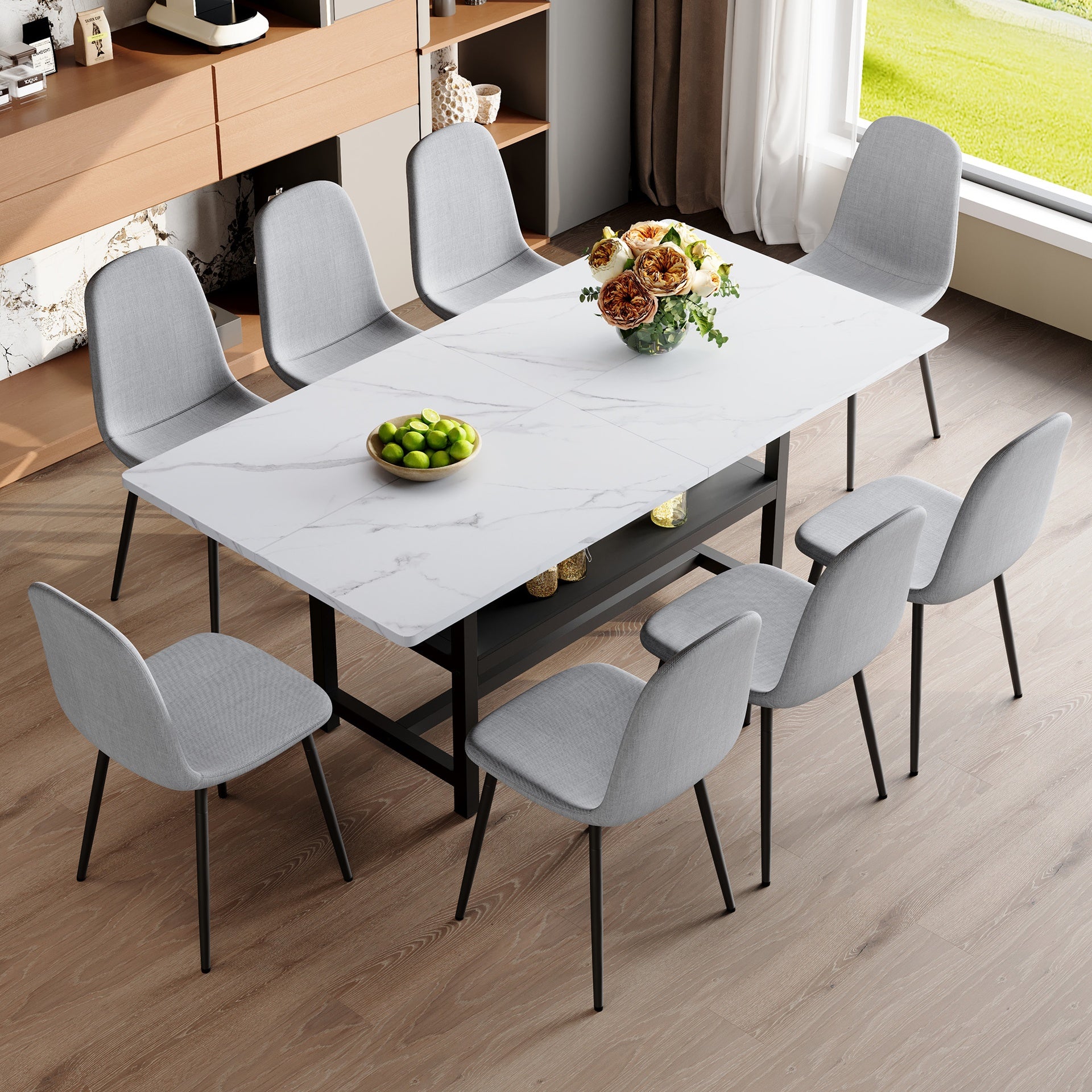 Table and chair set.71*35.4 inch White Grain Spliced Dining Table With Storage Function In The Middle Of The Table Legs.Paired with 8 Light Gray Linen-Cotton Material High Resilience Dining Chairs.