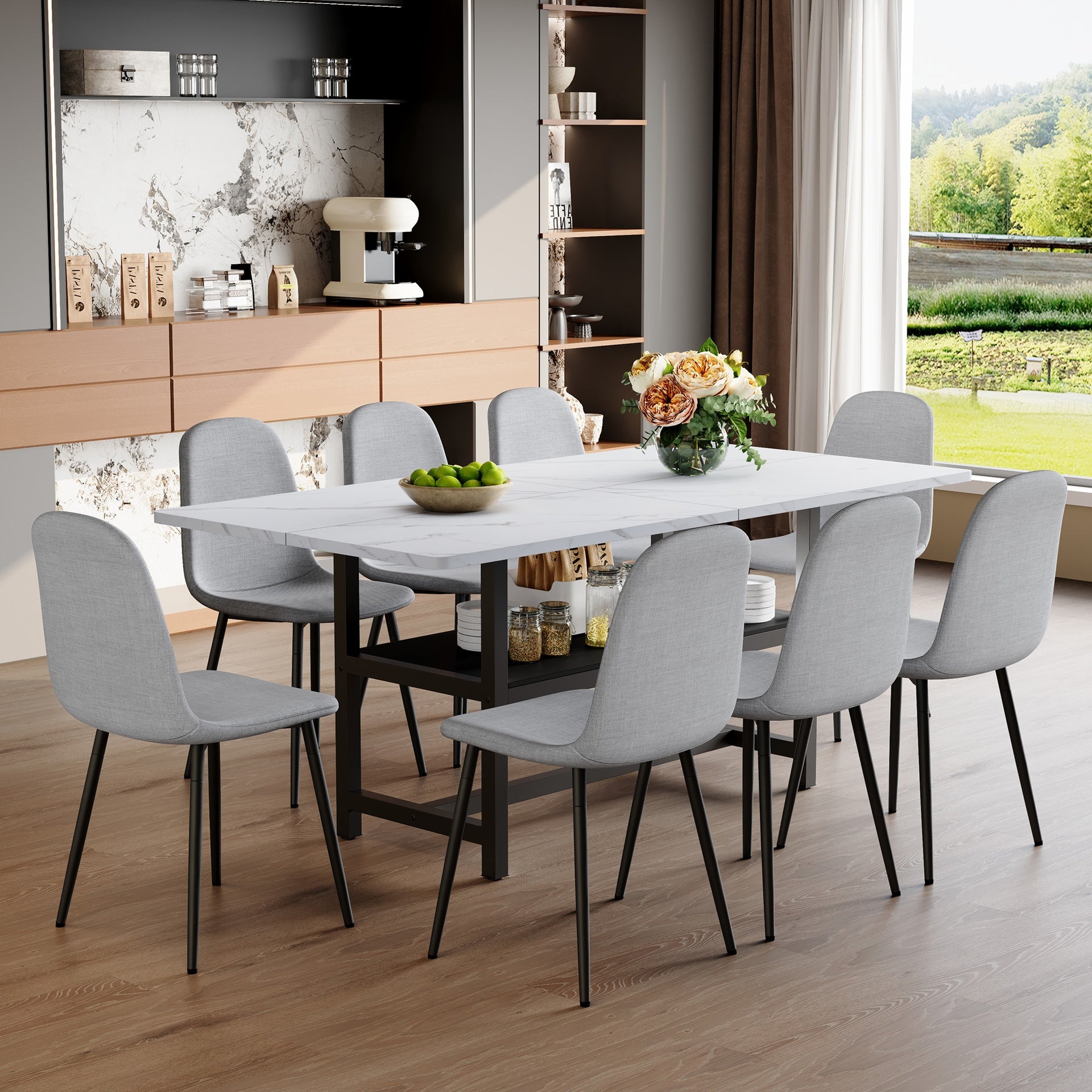 Table and chair set.71*35.4 inch White Grain Spliced Dining Table With Storage Function In The Middle Of The Table Legs.Paired with 8 Light Gray Linen-Cotton Material High Resilience Dining Chairs.