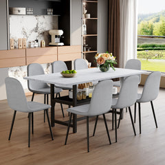 Table and chair set.71*35.4 inch White Grain Spliced Dining Table With Storage Function In The Middle Of The Table Legs.Paired with 8 Light Gray Linen-Cotton Material High Resilience Dining Chairs.