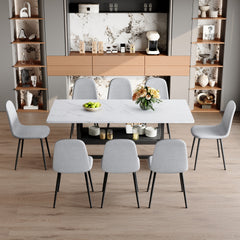 Table and chair set.71*35.4 inch White Grain Spliced Dining Table With Storage Function In The Middle Of The Table Legs.Paired with 8 Light Gray Linen-Cotton Material High Resilience Dining Chairs.