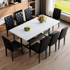 Table and chair set.71*35.4 inch White Grain Spliced Dining Table With Storage Function In The Middle Of The Table Legs.Paired with 8 black PU dining chairs with ergonomic buckle backrest.