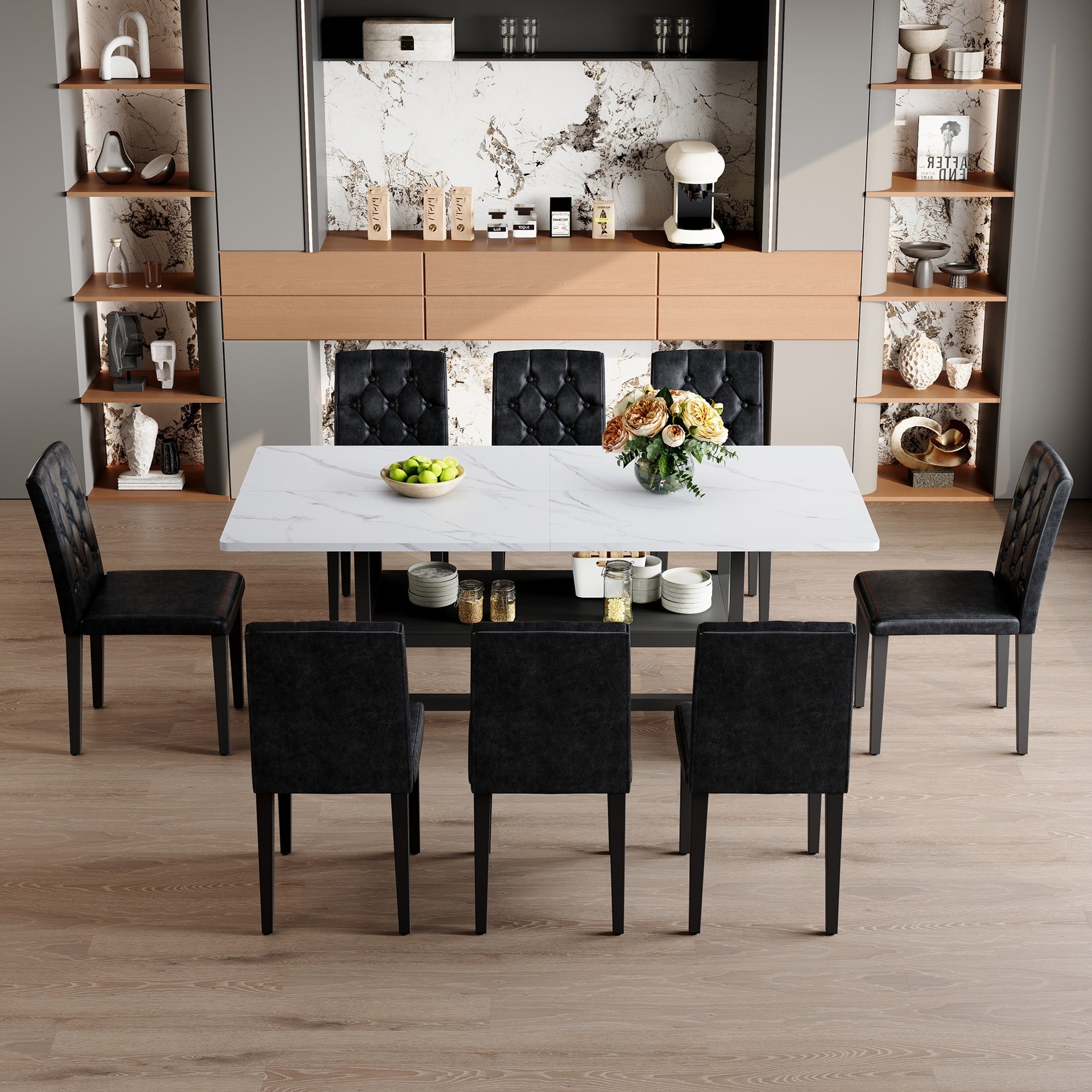 Table and chair set.71*35.4 inch White Grain Spliced Dining Table With Storage Function In The Middle Of The Table Legs.Paired with 8 black PU dining chairs with ergonomic buckle backrest.