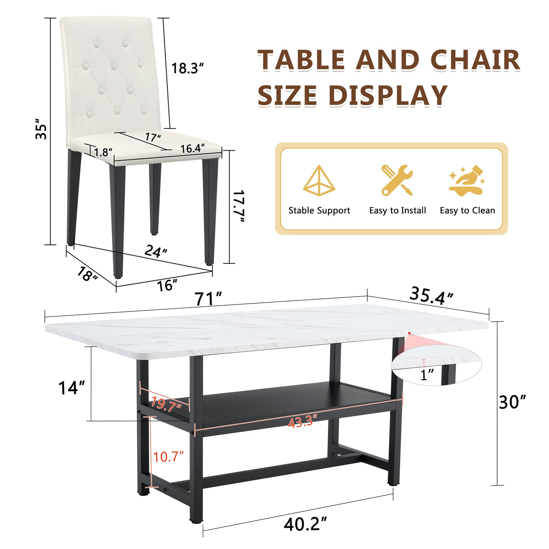 Table and chair set.71*35.4 inch White Grain Spliced Dining Table With Storage Function In The Middle Of The Table Legs.Paired with 8 white PU dining chairs with ergonomic buckle backrest.